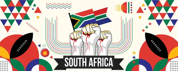 Ülke kutlamaları için Güney Afrika ya da bağımsızlık günü pankartı. Yumrukları havada Güney Afrika bayrağı. Soyut geometrik simgelerle modern retro tasarım. Vektör illüstrasyonu.