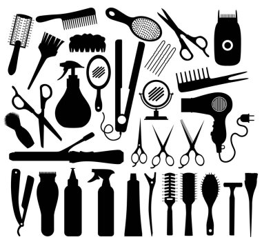 Kuaför aletleri seti, siyah siluet beyaz üzerine izole edilmiş. Berber tarak, fırça, makas, saç boyama, kurutma makinesi, düzleştirici ve makas için kase. Güzellik salonu ya da berber dükkanı konsepti için el çizimi simgesi