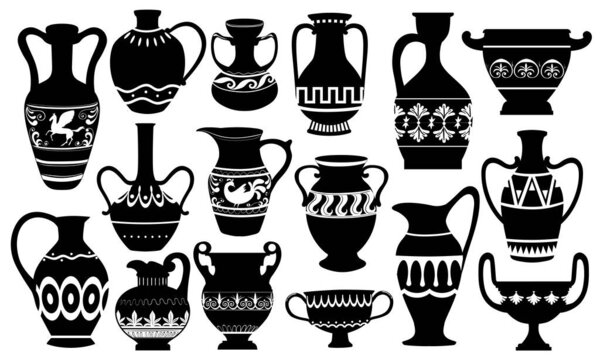 Collection of greek pots ancient pottery ceramic vases silhouettes. Isolated vector  illustrations on white background