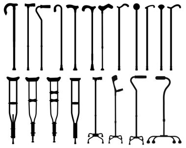Yürüyen bastonlar ve koltuk değnekleri beyaz arka planda izole edilmiş siluetler.