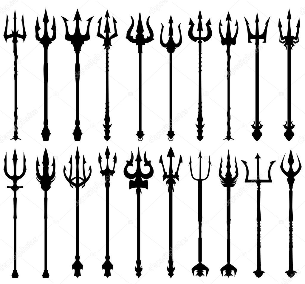 Set of trident silhouettes isolated on white background