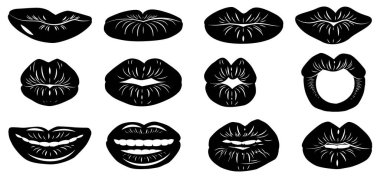 Dudaklar siyah şekil simgesi seti. Beyaz arkaplanda vektör siluetleri izole edildi