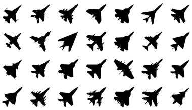 Askeri uçak ikonu seti. Avcı ve bombardıman uçakları siluetleri. Beyaz arkaplanda izole vektör çizimleri. 