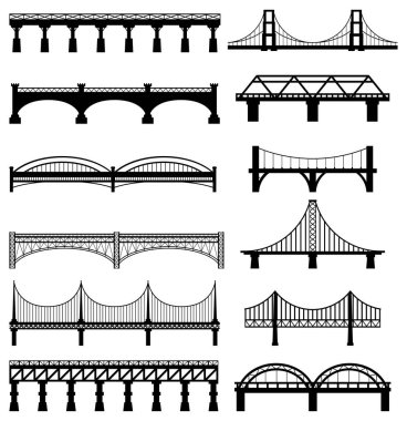 Farklı köprüler siluetleri. Beyaz arka planda izole edilmiş. Siyah ve beyaz. Vektör illüstrasyonu.