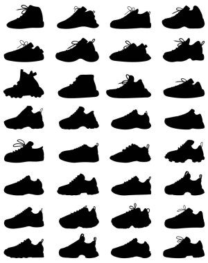 Erkek ve kadın için izole edilmiş spor ayakkabı siluetleri. Moda öğeleri. Tasarımlar için ayakkabı simgeleri. vektör illüstrasyonu