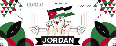 Ülke kutlamaları için Jordan Ulusal ya da Bağımsızlık Günü afişi. Jordan bayrağı ve yumruklar havada. Typorgaphy soyut geometrik simgelerle modern retro tasarım. Vektör illüstrasyonu