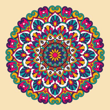 Vektör el karalama mandala. Renkli süslemeli etnik mandala. Parlak renkler. İzole edilmiş. Çizim biçimi üzerine resim.