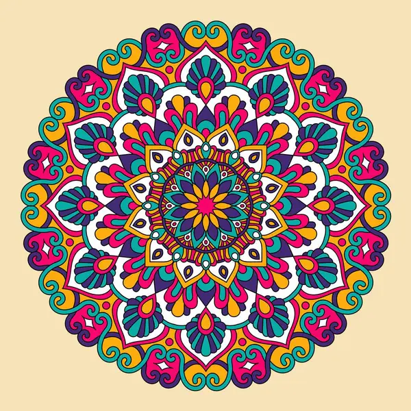 Vektör el karalama mandala. Renkli süslemeli etnik mandala. Parlak renkler. İzole edilmiş. Çizim biçimi üzerine resim.