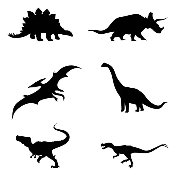 Farklı dinozor siluetleri. İzole edilmiş düz vektör çizimleri