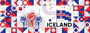 Elleri havada İzlanda bayrağı ve haritası. Counrty kutlamaları için Ulusal Gün ya da Bağımsızlık Günü tasarımı. Soyut simgelerle modern retro tasarım. Vektör illüstrasyonu.