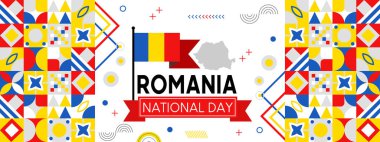 Romania national day banner with Romanian flag colors theme background and geometric abstract retro modern blue yellow red design. clipart