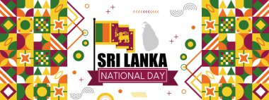 Sri Lanka ulusal Srilanka günü bağımsızlık bayrağı. Sri Lanka 'nın ulusal günü için Srilankan bayrağı temalı renkli simgeler şeklinde soyut geometrik pankart 