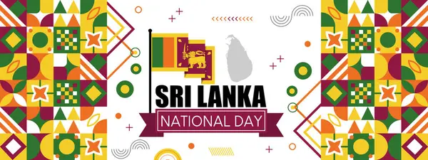 Sri Lanka ulusal Srilanka günü bağımsızlık bayrağı. Sri Lanka 'nın ulusal günü için Srilankan bayrağı temalı renkli simgeler şeklinde soyut geometrik pankart 