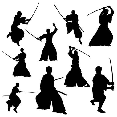 Beyaz Arkaplanda İzole Edilmiş Samuray Savaşçıları Siluetleri