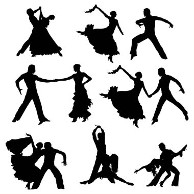 Beyaz arkaplanda izole edilmiş salsa dansçısı siluetleri vektör çizimi