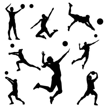 Çeşitli pozlarda voleybol oyuncusu silueti çizimi beyaz arkaplanda izole