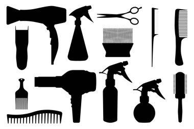 Kuaför aletleri siluetleri ayarlandı