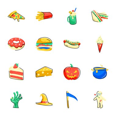 Fast food ikonları hazır. çizgi film illüstrasyonu  