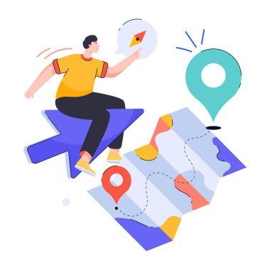 Haritası ve konumu olan bir adam. vektör düz illüstrasyon