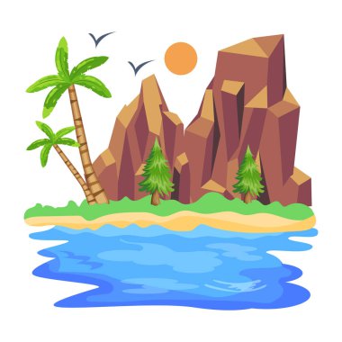 Dağlı manzara ve deniz vektörü illüstrasyon grafik tasarımı