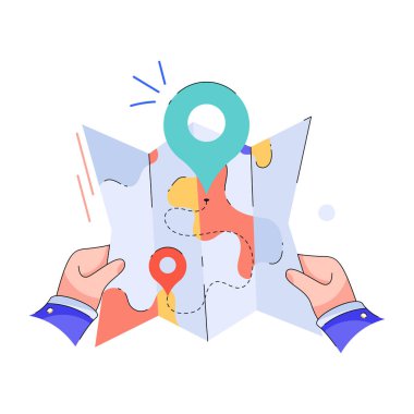 GPS navigasyonu olan bir harita tutan eller, vektör illüstrasyonu