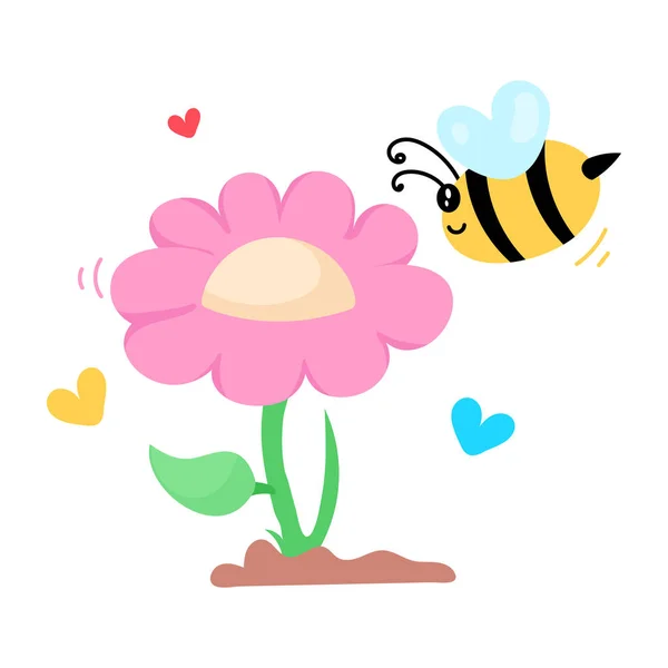 可愛い花と心を持つ蜂 — ストックベクタ