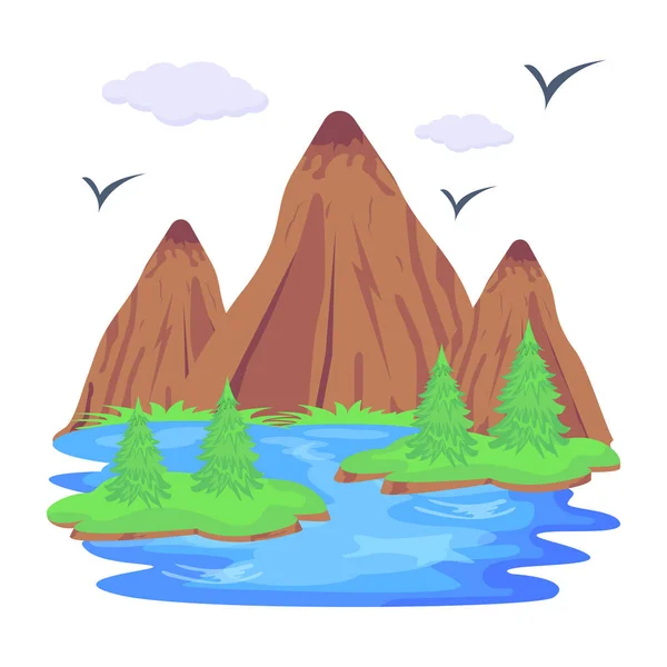 Berglandschaft Mit Fluss Und Vögeln — Stockvektor