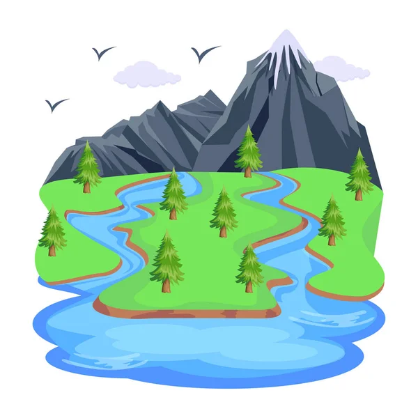 Гірська Річка Зеленою Травою Деревами — стоковий вектор