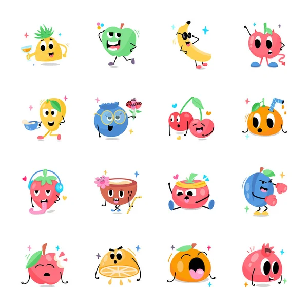 Conjunto Lindos Personajes Dibujos Animados Frutas — Vector de stock