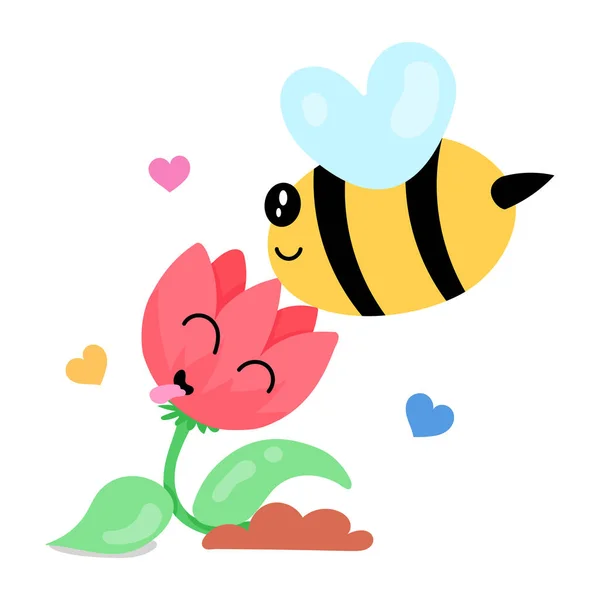 Χαριτωμένο Μέλισσα Κινουμένων Σχεδίων Λουλούδι Και Καρδιές — Διανυσματικό Αρχείο