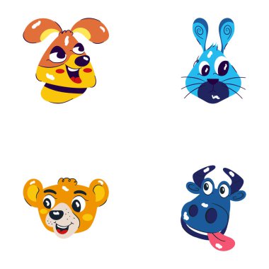 Çeşitli şirin hayvan simgelerinin, çıkartmaların, rozetlerin ve sembollerin vektör kümesi