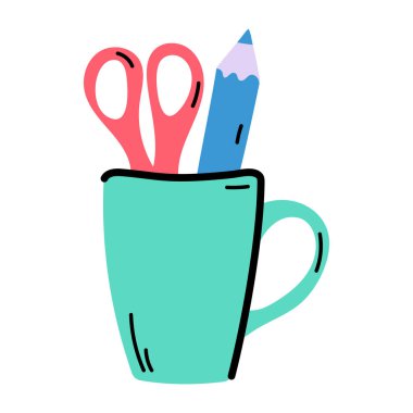 beyaz arkaplan vektör illüstrasyonunda kalem ve makas ile kupa