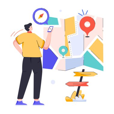 Akıllı telefonu ve haritası olan bir adam. vektör illüstrasyonu