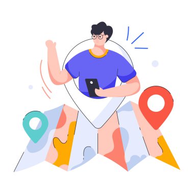 Harita işaretçileri ve GPS konum vektörü illüstrasyonu olan adam