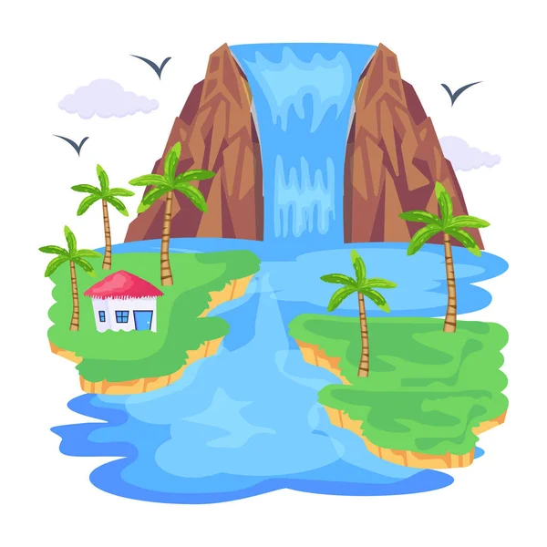 Insel Mit Strand Und Wasserfall Vektorillustration — Stockvektor