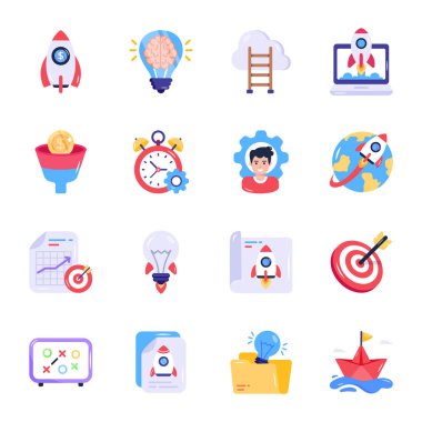 iş düz simgeleri roket, vektör illüstrasyonu ile ayarlandı