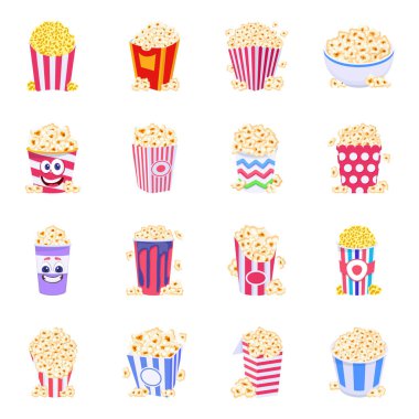 Patlamış mısır ikonu. Beyaz arkaplanda izole edilmiş web tasarımı için sinema vektör simgeleri