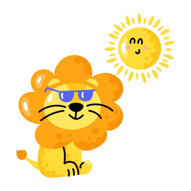 Güneş ve güneş gözlüklü sevimli çizgi film aslanı