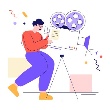 Kameralı genç adam, vektör illüstrasyonu.