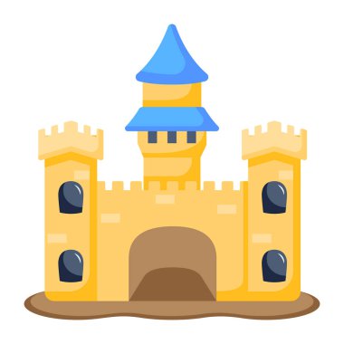 Şato ikonu. Beyaz arka planda izole edilmiş Ortaçağ eski kale vektör illüstrasyonunun çizgi filmi