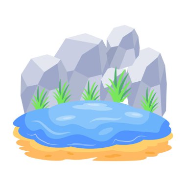 Gölet ve kayalarla izometrik manzara