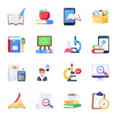 Eğitim ikonları ayarlandı. Web için 9 okul vektör simgesinin karikatür çizimi