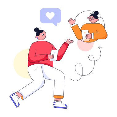  Akıllı telefonlarla konuşan kızlar, iletişim konsepti, vektör illüstrasyonu