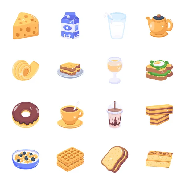 Frühstück Symbole Gesetzt Cartoon Illustration Von Nahrungsmittelvektorsymbolen Für Das Web — Stockvektor