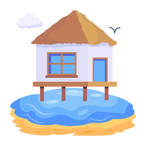 Strand Huis Met Zon Zee Vector Illustratie Ontwerp — Stockvector