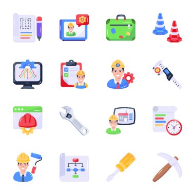 İnşaat ve onarım ikonları ayarlandı. Beyaz arkaplanda izole edilmiş web tasarımı için 36 araç vektör simgesinin basit biçimi