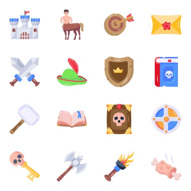  karikatür ortaçağ simgesi seti, vektör illüstrasyonu