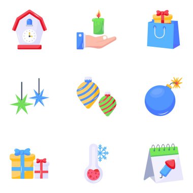 Noel simgeleri ayarlandı. Web için 9 tatil vektör simgesinin karikatür çizimi