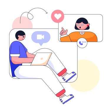 Dizüstü bilgisayarı olan adam ve kadın oda vektör illüstrasyonunda sohbet ediyorlar.