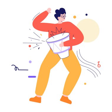 Adam davul çalıyor ve dans ediyor. vektör illüstrasyonu